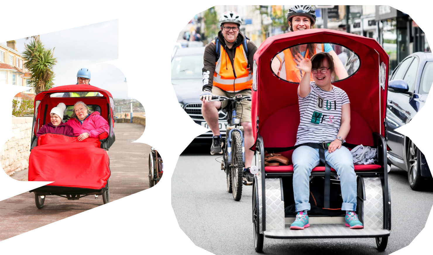 A collage of 2 images, the first image shows an older woman and her child in a red trishaw, wrapped in a red blanket. A volunteer is cycling them along the seafront. The second image shows a young disabled woman in a trishaw on a road, volunteer cyclists are behind her, she is waving at the camera.